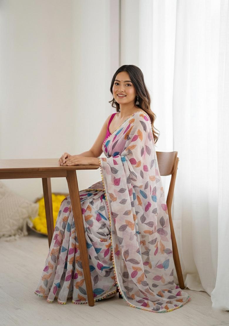Pink Lace Work Chiffon Saree Set - Indya