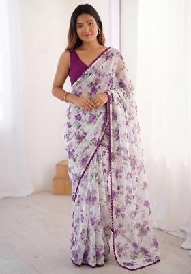 Purple Lace Work Chiffon Saree Set