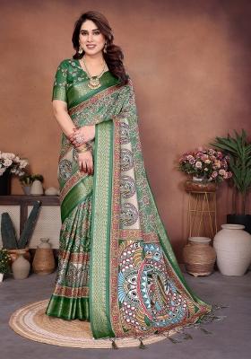 Green Printed Cotton Saree Set