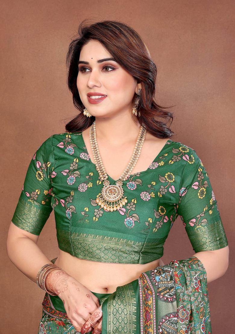 Green Printed Cotton Saree Set - Indya