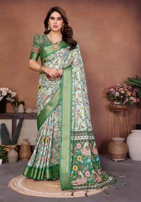 Light Green Printed Cotton Saree Set