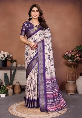 Purple Printed Cotton Saree Set