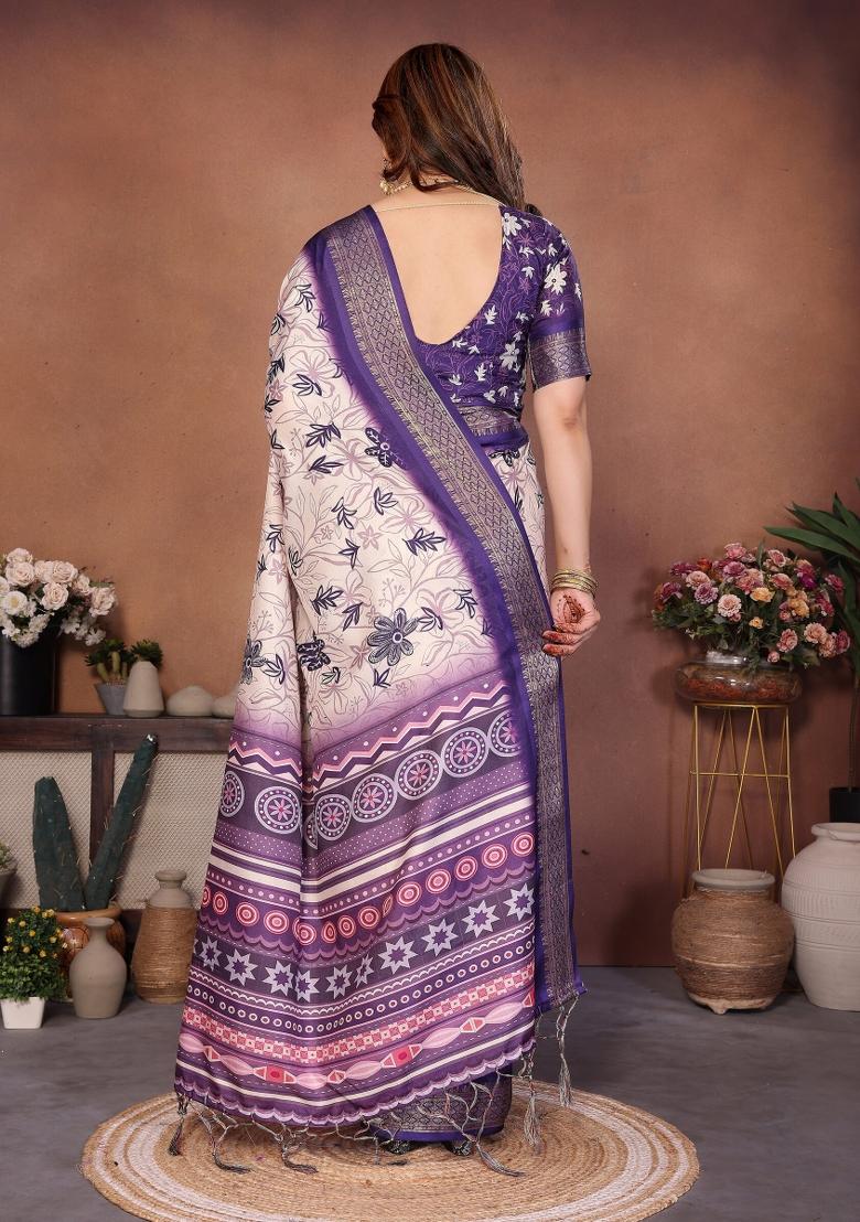Purple Printed Cotton Saree Set - Indya