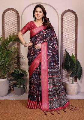Black Printed Cotton Saree Set