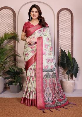 Light Yellow Printed Cotton Saree Set