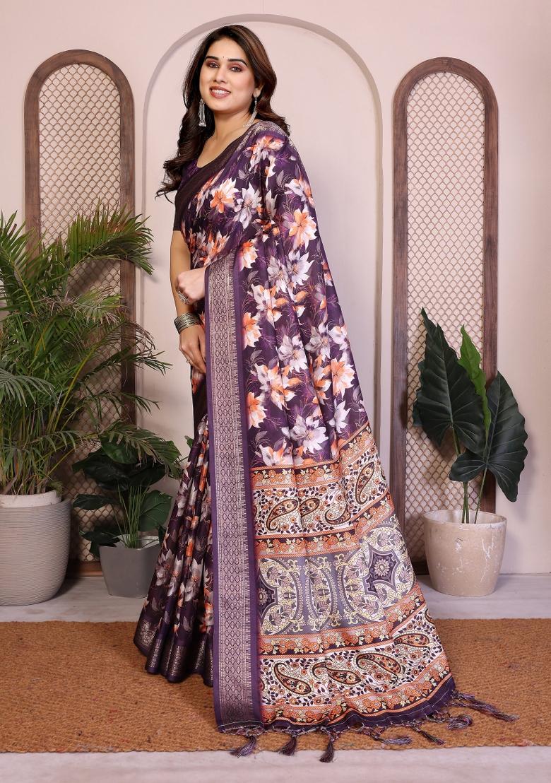 Purple Printed Cotton Saree Set - Indya