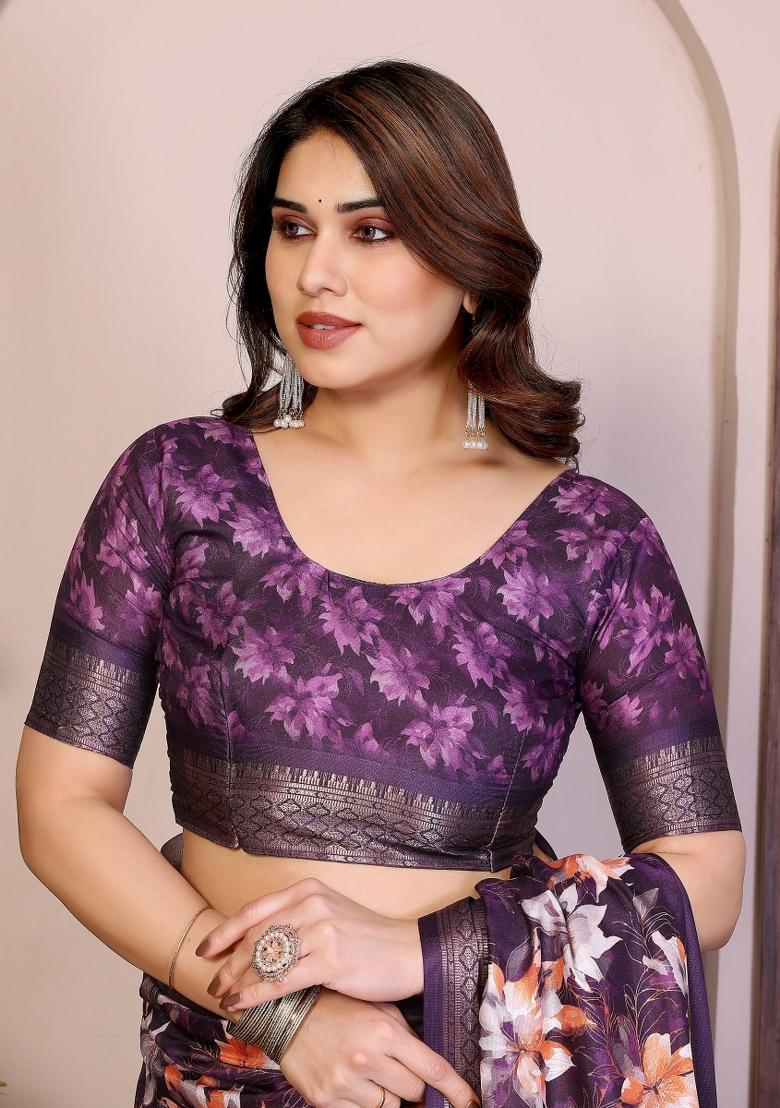Purple Printed Cotton Saree Set - Indya