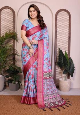 Blue Printed Cotton Saree Set