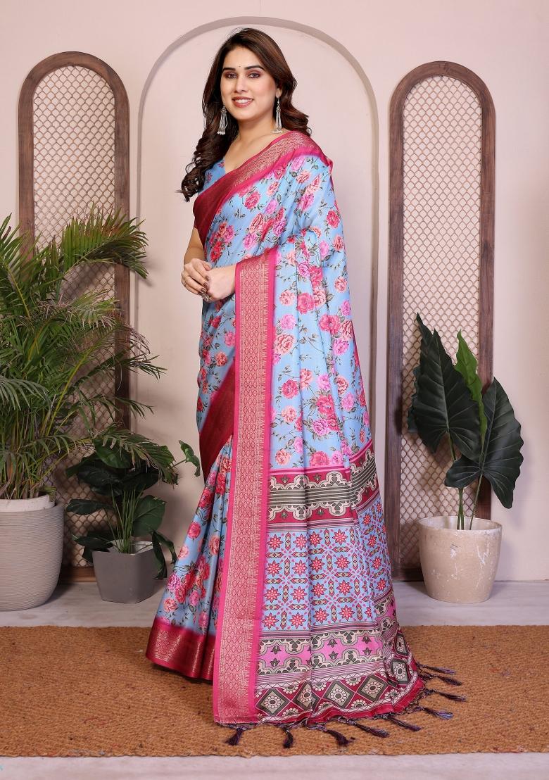 Blue Printed Cotton Saree Set - Indya