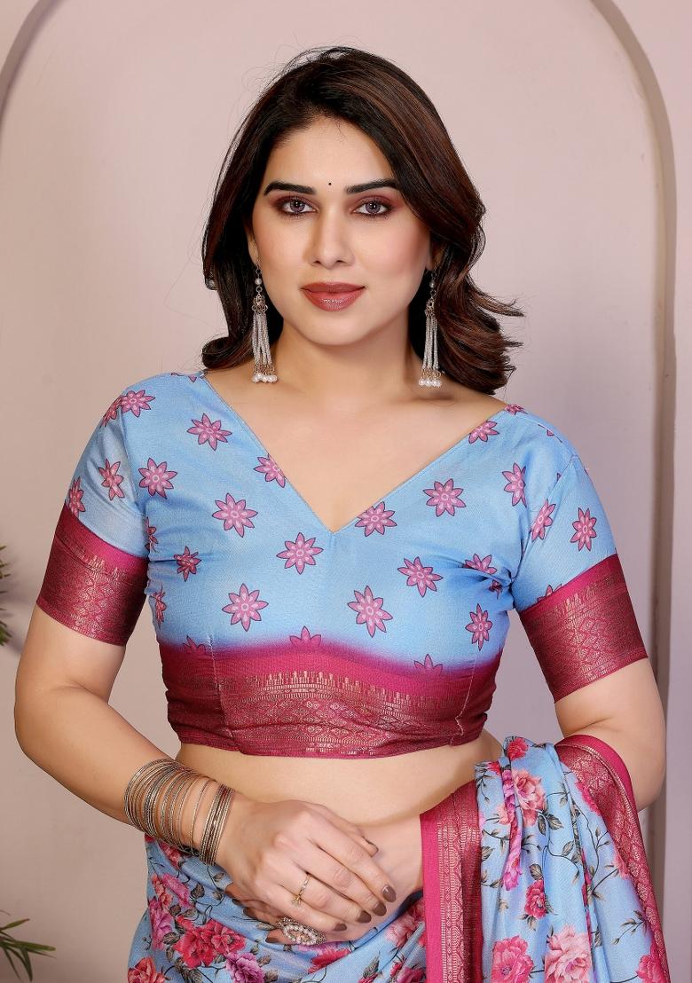 Blue Printed Cotton Saree Set - Indya