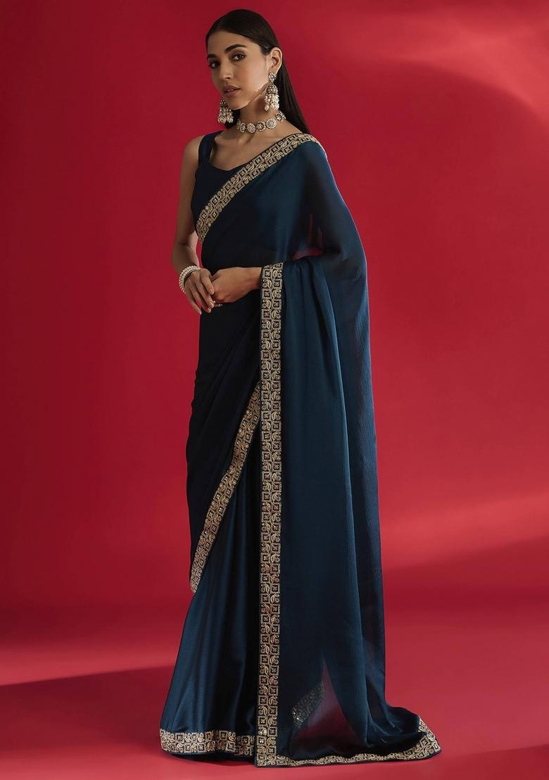 Blue Sequin Work Rangoli Saree Set - Indya