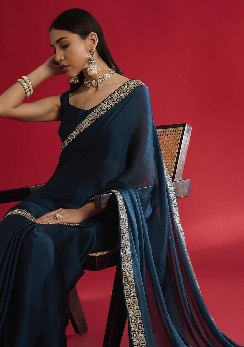 Blue Sequin Work Rangoli Saree Set - Indya