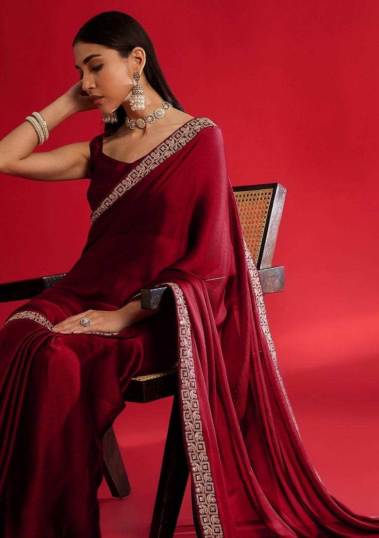 Red Sequin Work Rangoli Saree Set - Indya