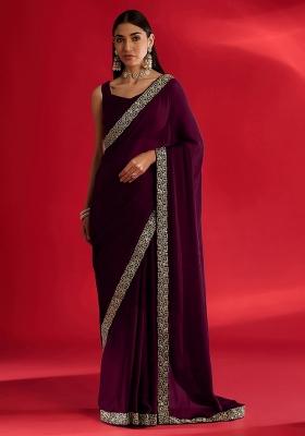 Wine Sequin Work Rangoli Saree Set