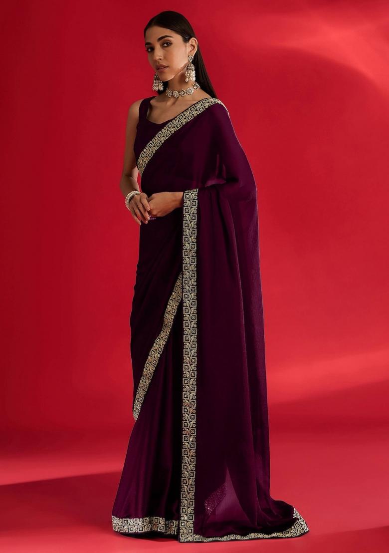 Wine Sequin Work Rangoli Saree Set - Indya