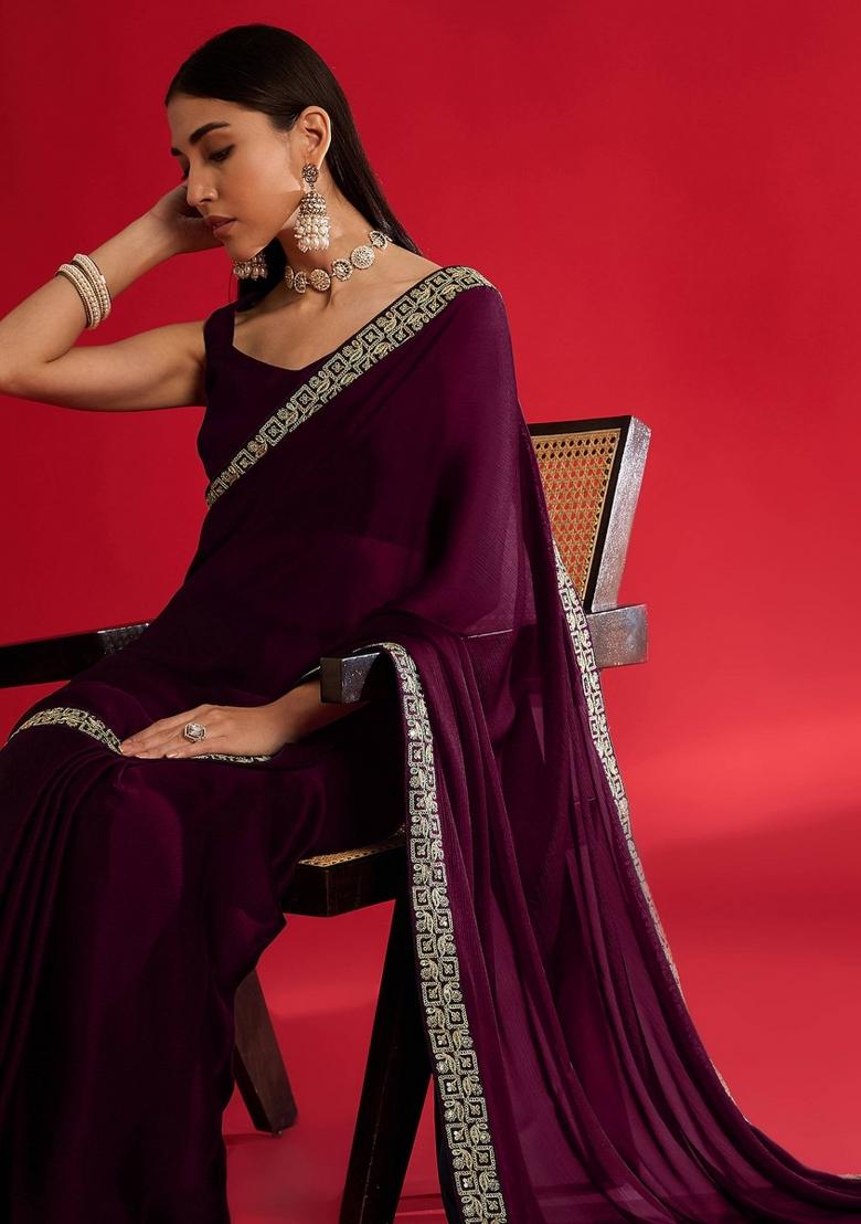 Wine Sequin Work Rangoli Saree Set - Indya