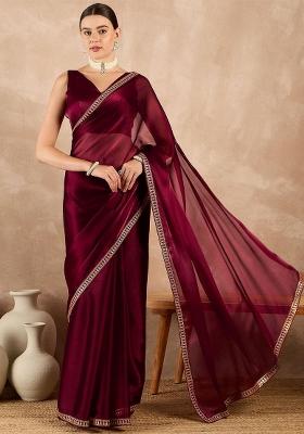 Wine Sequin Work Rangoli Saree Set