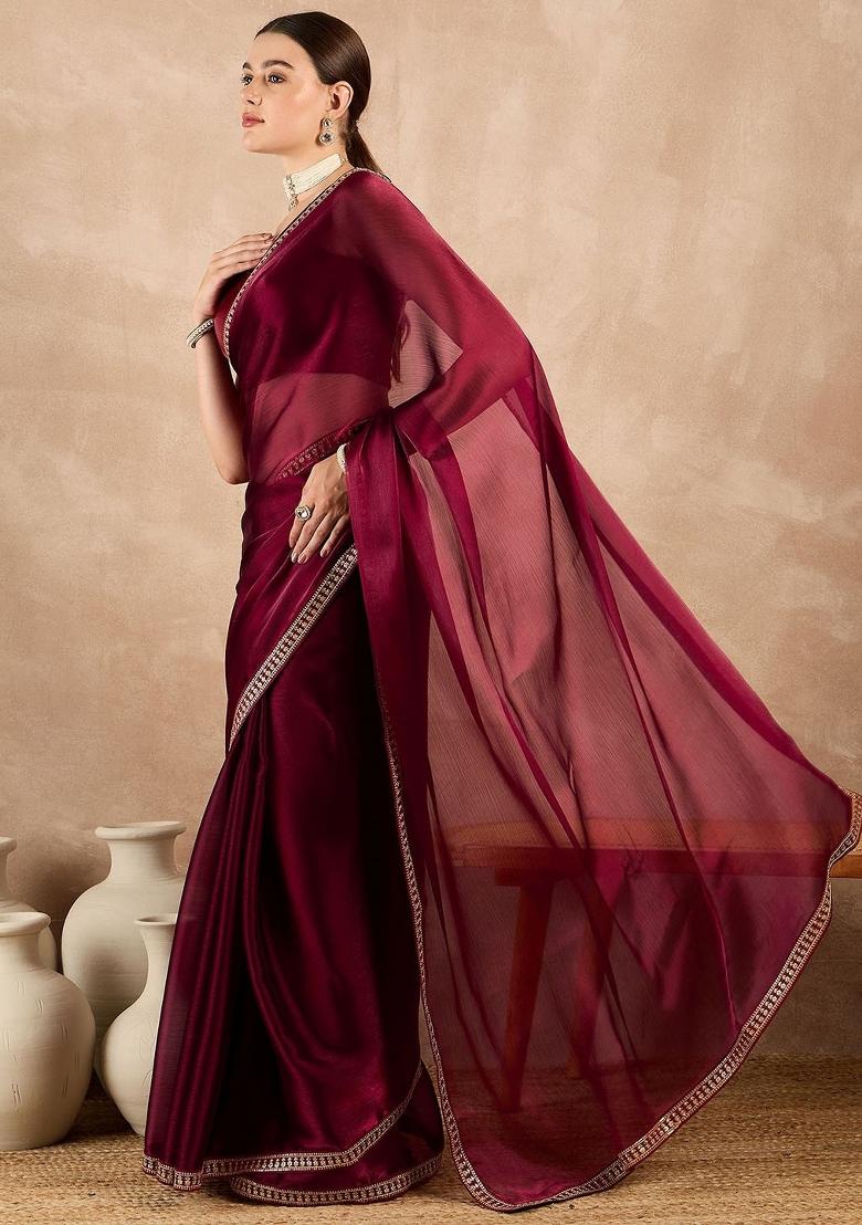 Wine Sequin Work Rangoli Saree Set - Indya