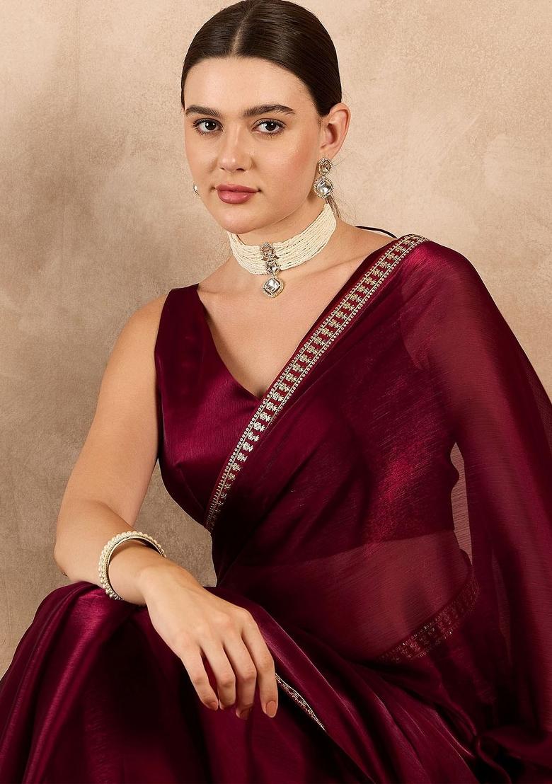 Wine Sequin Work Rangoli Saree Set - Indya