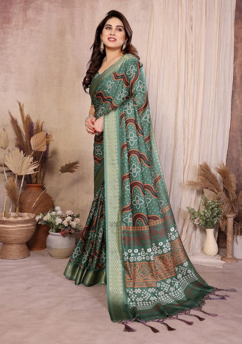 Green Printed Cotton Saree Set - Indya