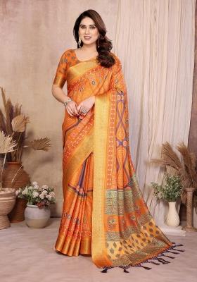 Mustard Printed Cotton Saree Set