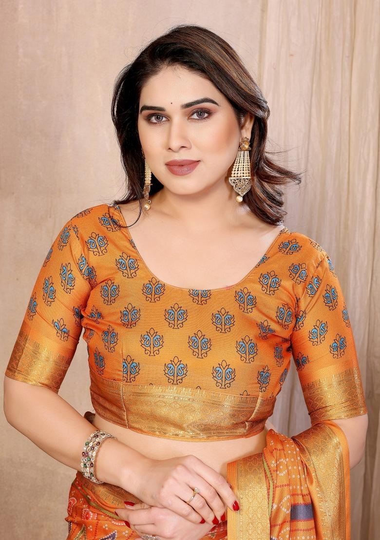 Mustard Printed Cotton Saree Set - Indya