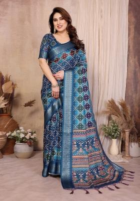 Teal Printed Cotton Saree Set