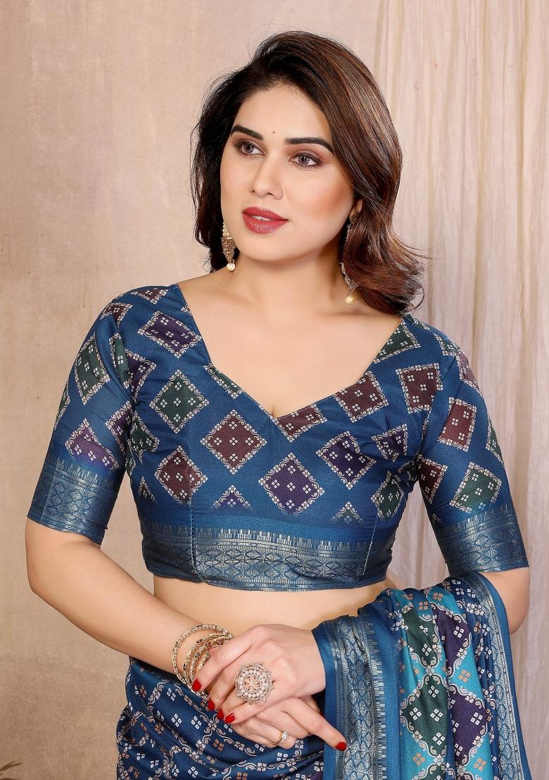 Teal Printed Cotton Saree Set - Indya