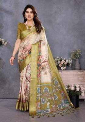 Olive Printed Cotton Saree Set