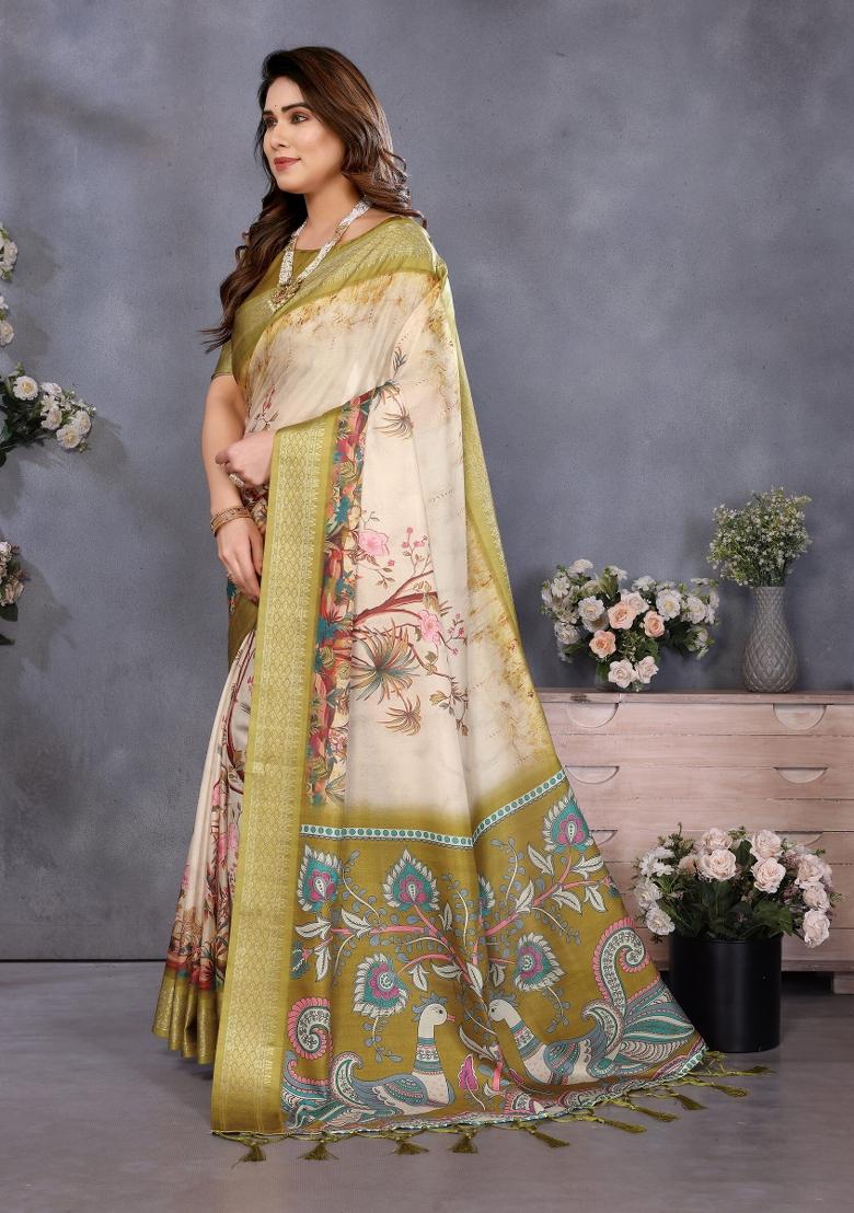 Olive Printed Cotton Saree Set - Indya