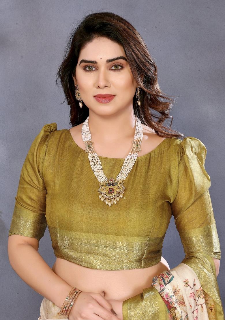 Olive Printed Cotton Saree Set - Indya