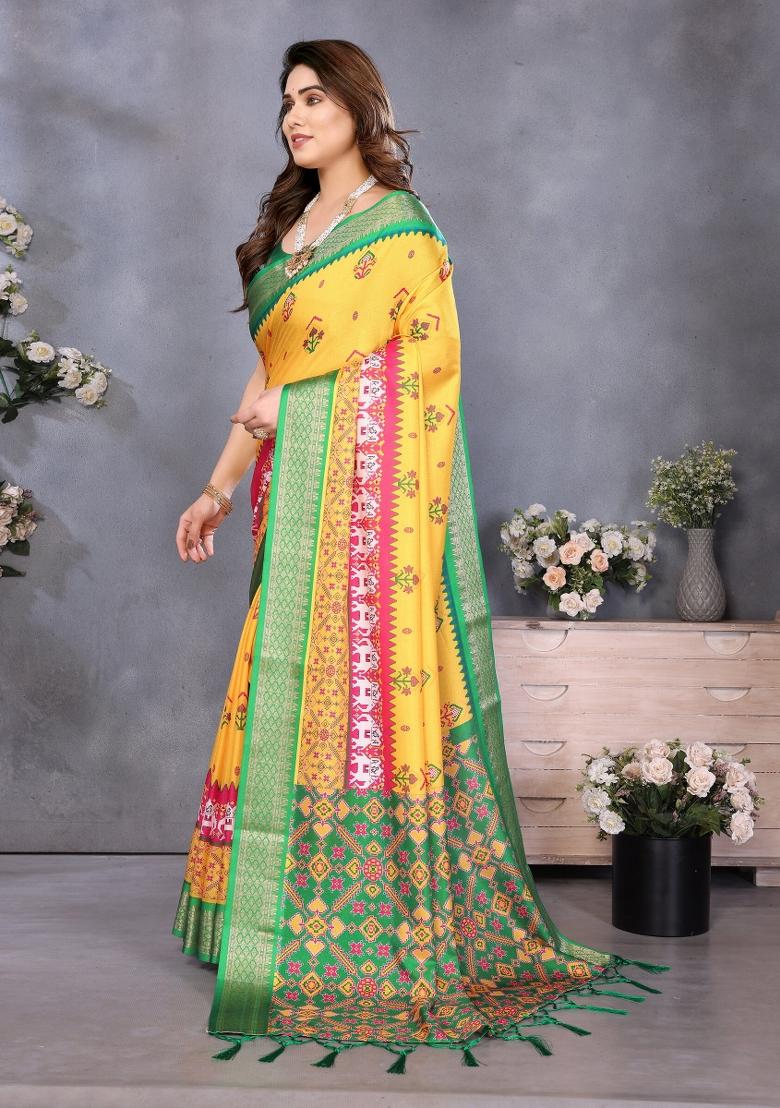 Yellow Printed Cotton Saree Set - Indya