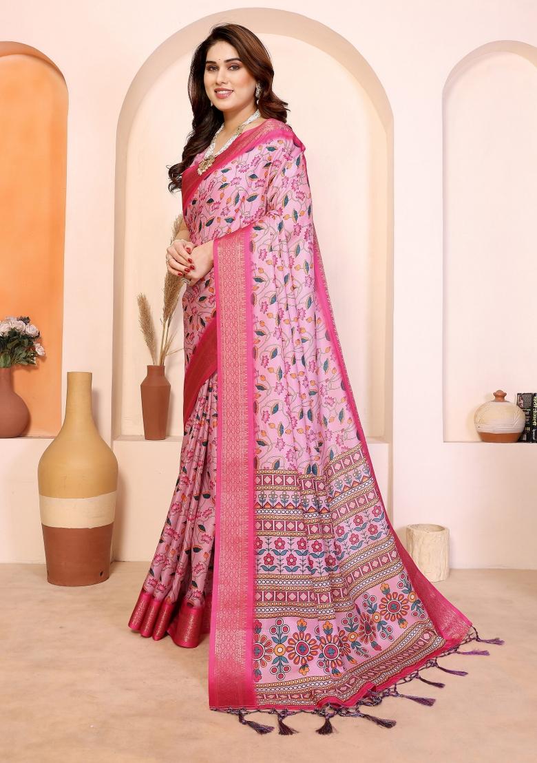 Pink Printed Cotton Saree Set - Indya