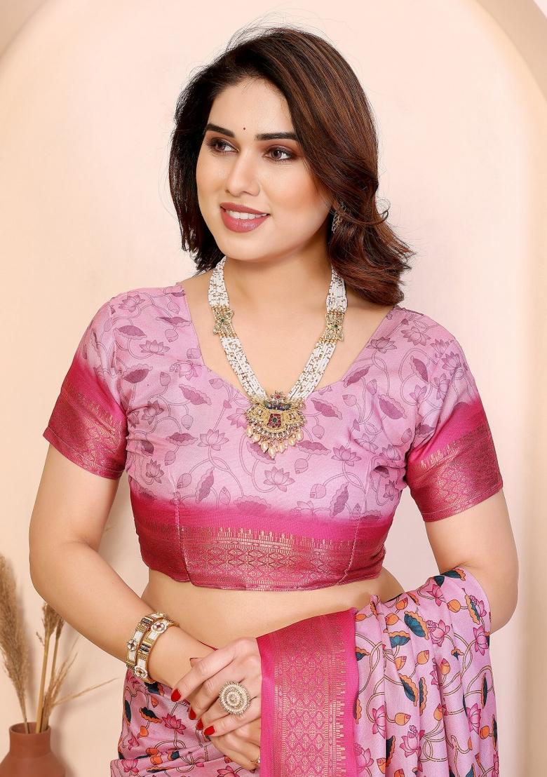 Pink Printed Cotton Saree Set - Indya