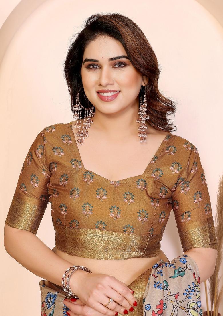Light Yellow Printed Cotton Saree Set - Indya