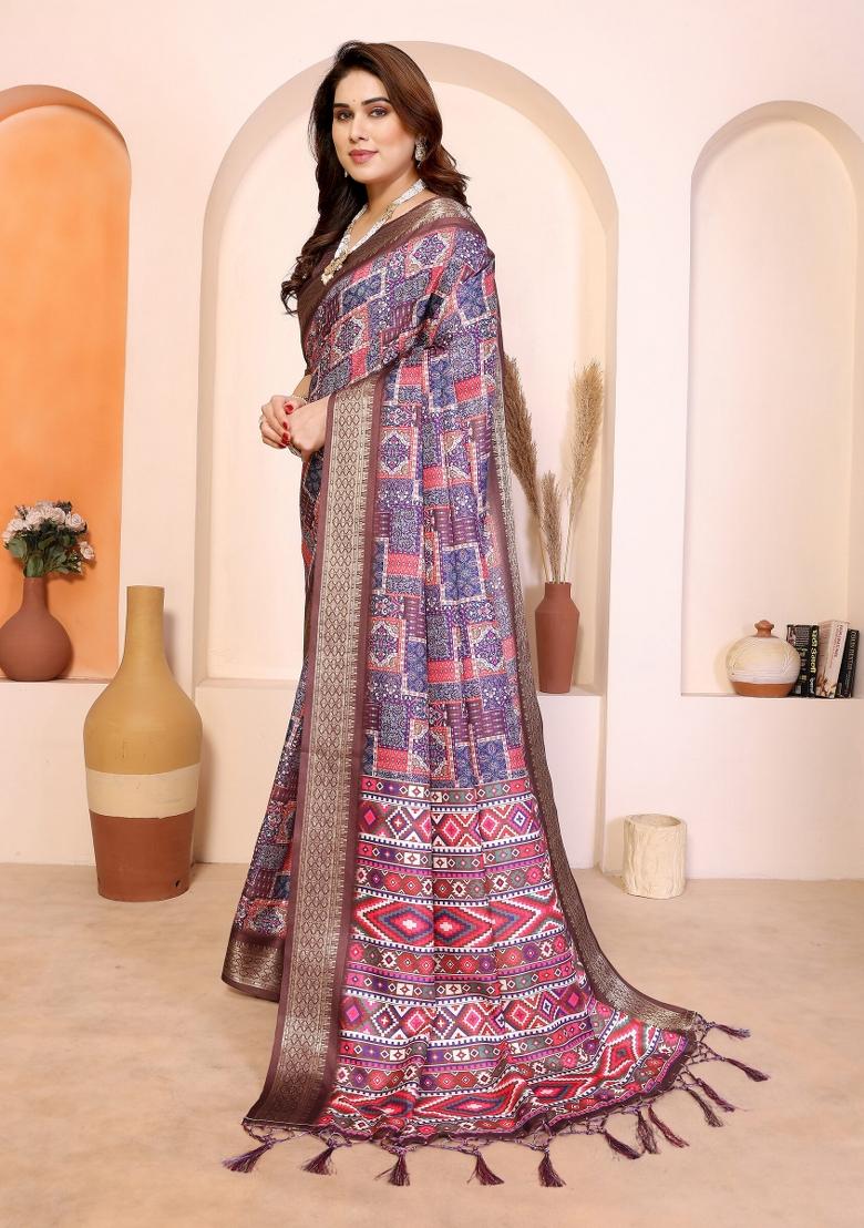 Multicolor Printed Cotton Saree Set - Indya