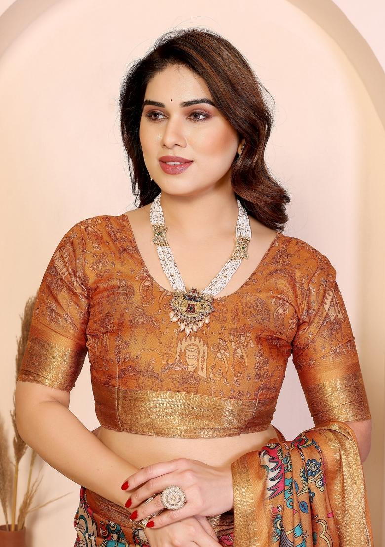 Mustard Printed Cotton Saree Set - Indya