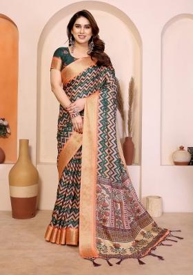 Peach Printed Cotton Saree Set