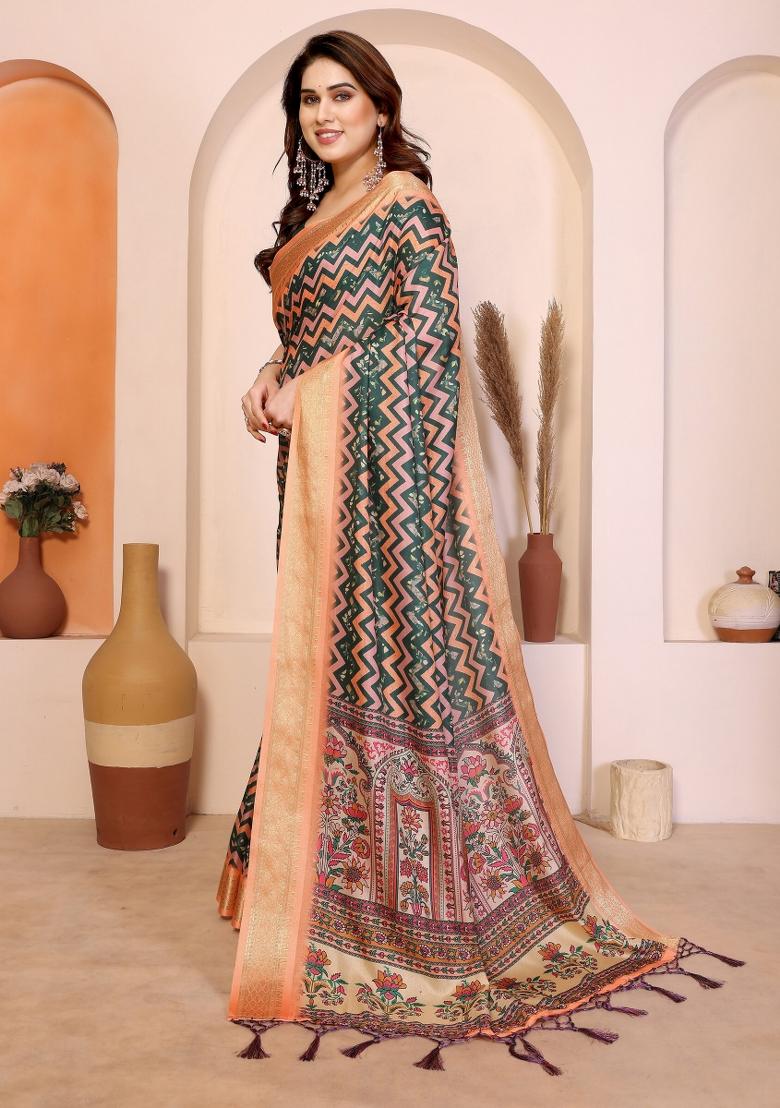 Peach Printed Cotton Saree Set - Indya