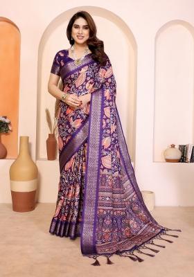 Purple Printed Cotton Saree Set