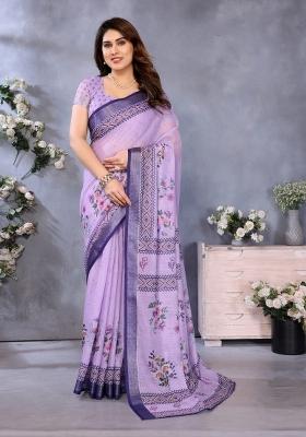 Purple Printed Linen Saree Set