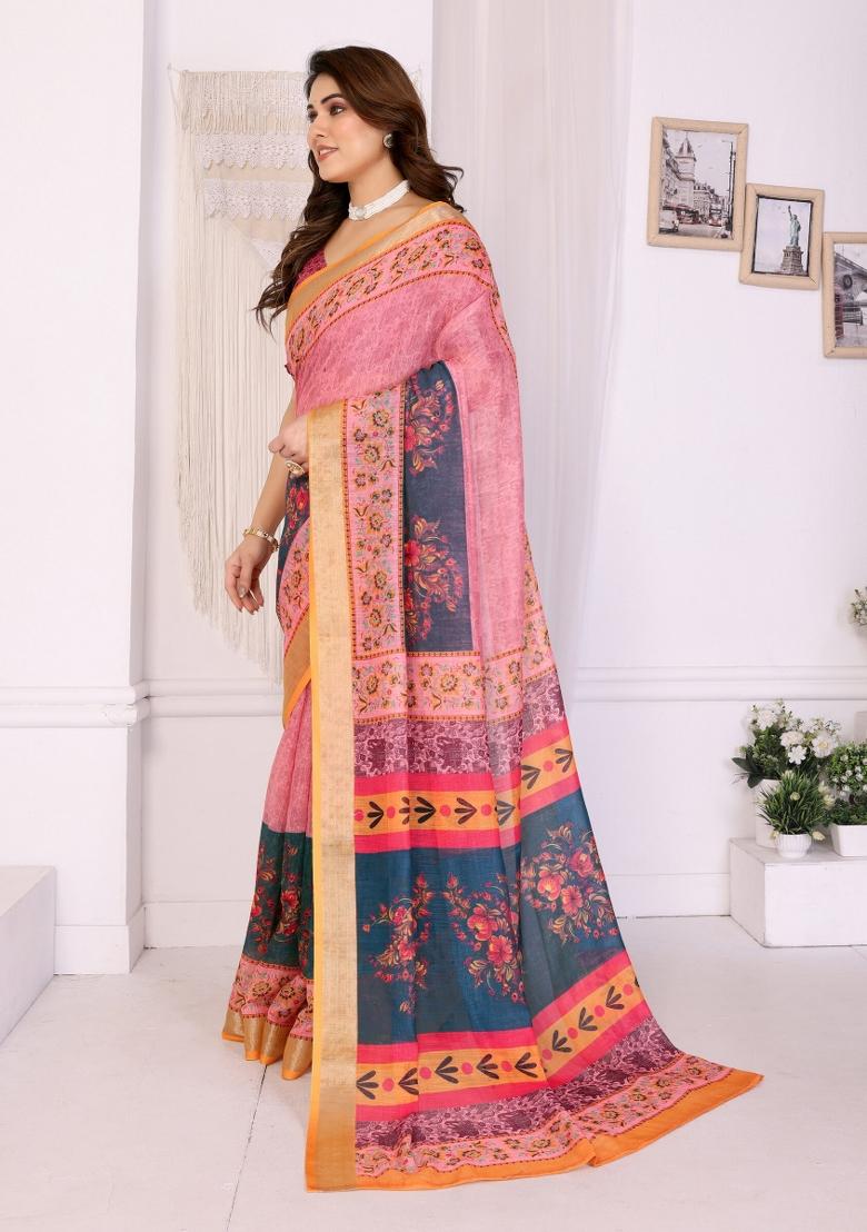 Blue Printed Linen Saree Set - Indya