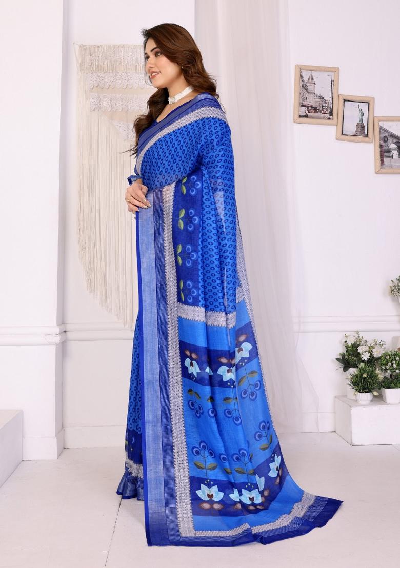 Blue Printed Linen Saree Set - Indya