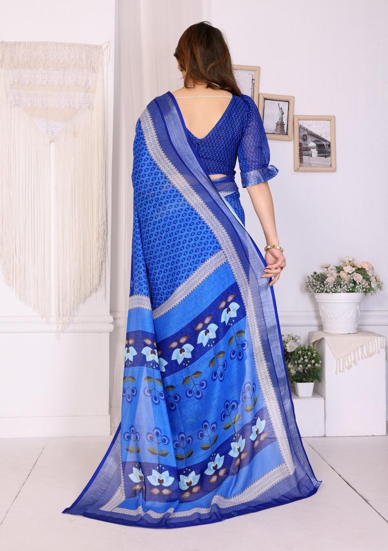 Blue Printed Linen Saree Set - Indya