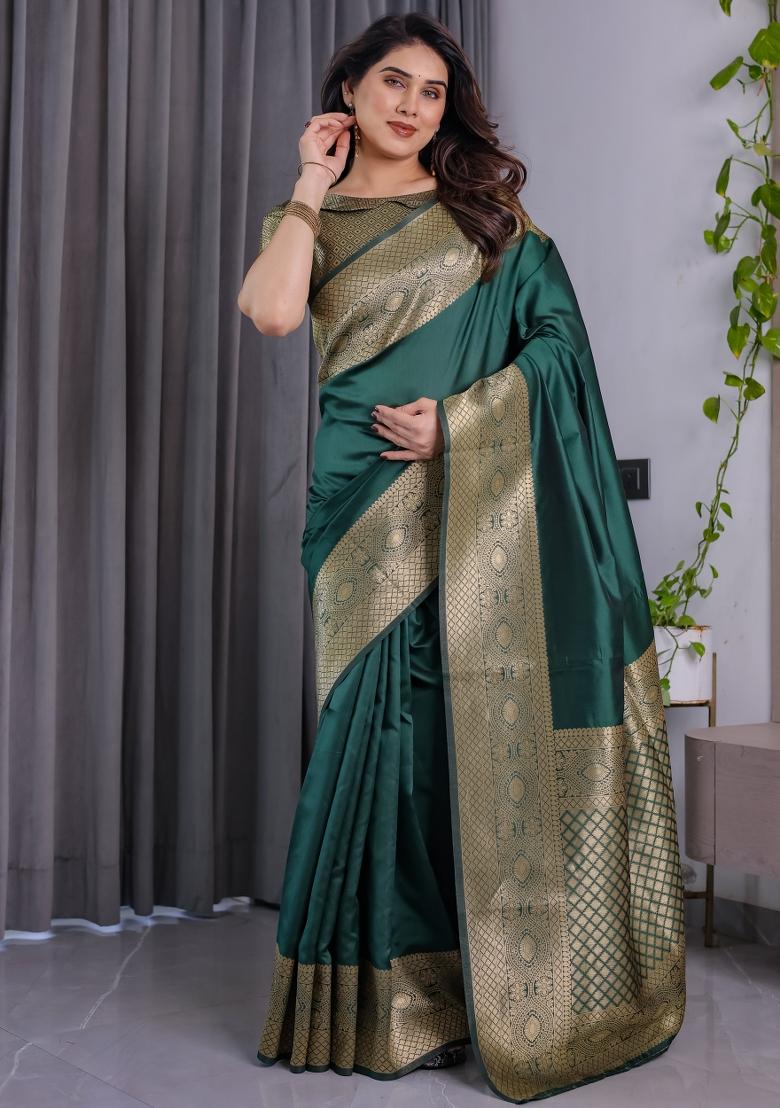 Green Zari Work Silk Saree Set - Indya