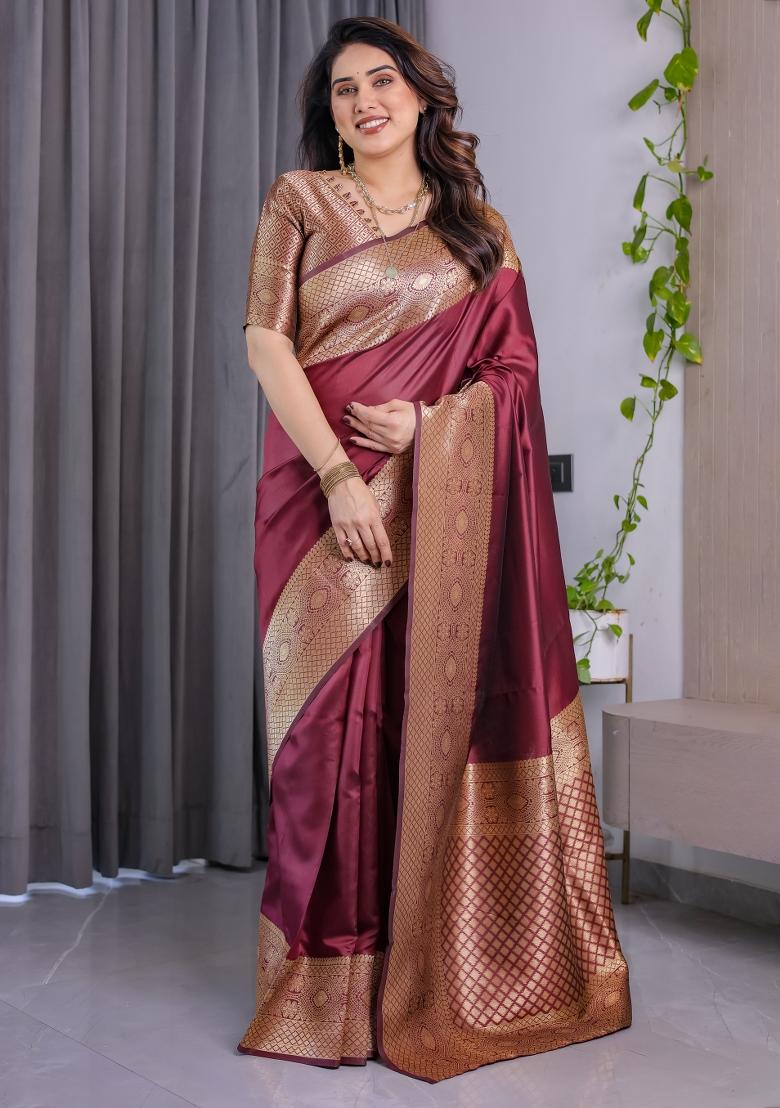 Maroon Zari Work Silk Saree Set - Indya