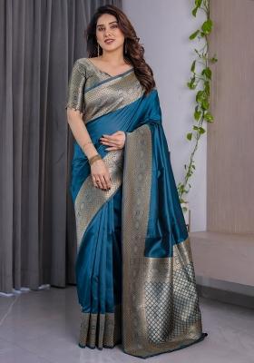Blue Zari Work Silk Saree Set