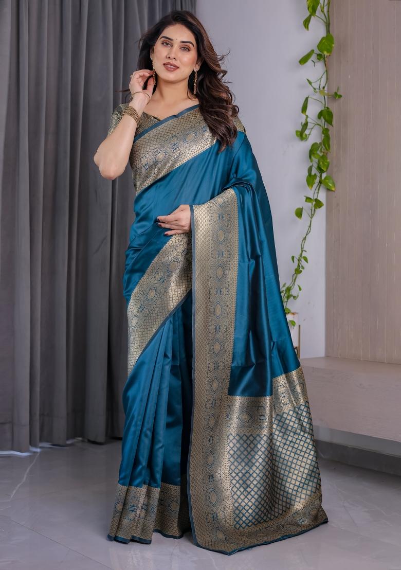 Blue Zari Work Silk Saree Set - Indya
