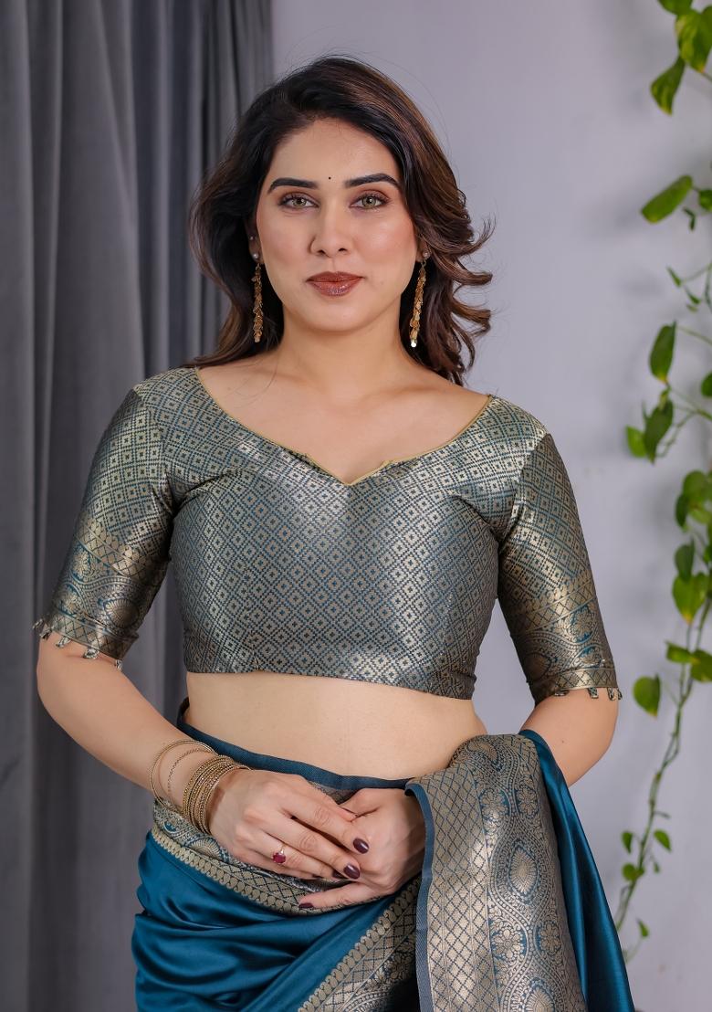 Blue Zari Work Silk Saree Set - Indya