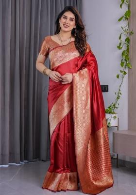 Red Zari Work Silk Saree Set